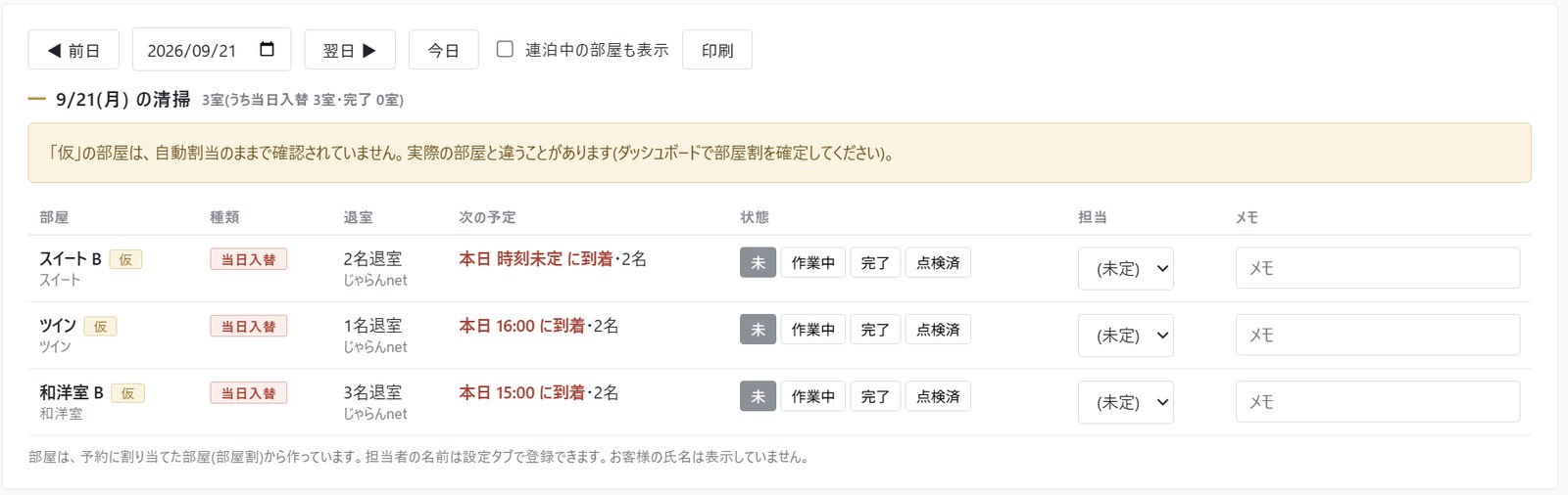 清掃リストの画面（デモ）